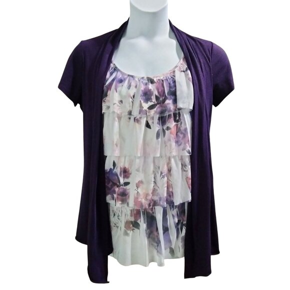 Purple Attached Cardigan Floral Ruffle Sleeveless Layered Womens Top Size Large - Picture 2 of 7